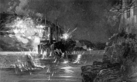 An artist's depiction of the collier "Merrimac" under fire off Estrella Point in the harbor of Santiago de Cuba.