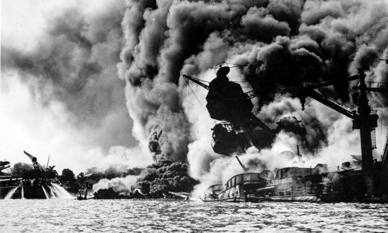 USS Arizon sunk and burning at Pearl Harbor
