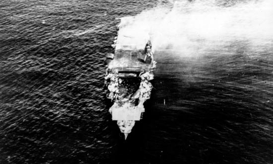 Japanese aircraft carrier Hiryu burning on 5 June 1942, during the Battle of Midway.