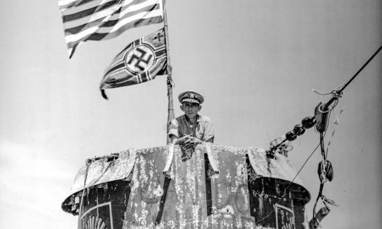 Rear Admiral Daniel Gallery, U.S. Navy on the bridge of the German U-Boat U-505