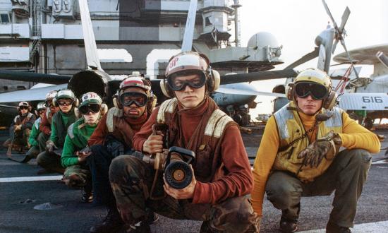 Deck firefighting team on board the aircraft carrier USS Saratoga (CV-60)