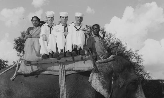 Sailors sightseeing on an elephant