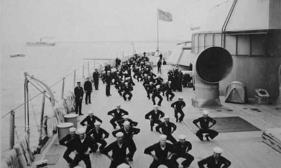 Setting up exercises on board a battleship.