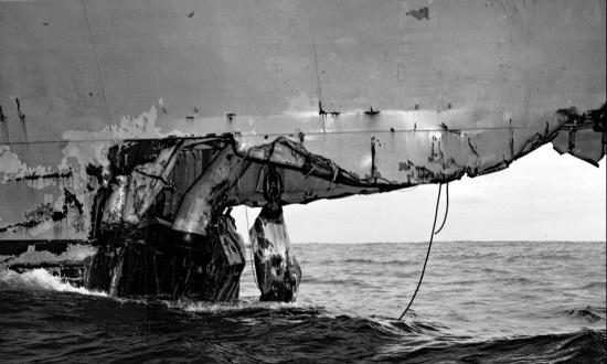 Damaged bow of Wasp starboard side after Collision of USS Wast (CV-18) and USS Hobson (DMS-26)