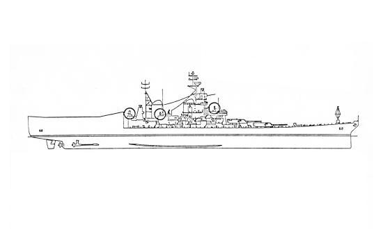 Port broadside diagram of Phase II battleship configuration with aft hangar, ski-jump flight deck, and VLS.