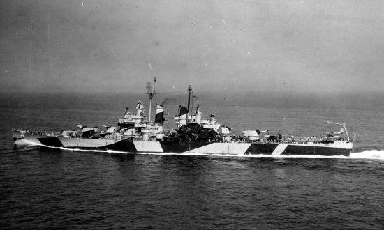 Broadside view of the USS Wilkes Barre (CL-103) underway