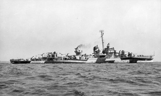Broadside starboard view of the USS Richard P. Leary (DD-664) in camouflage