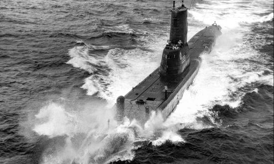 Port bow view of USS Sea Cat (SS-399) underway at sea.