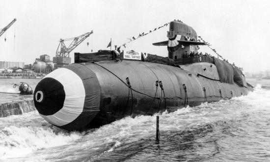 USS Abraham Lincoln (SSBN-602) slides down the ways during the launching ceremony in Portsmouth Naval Shipyar