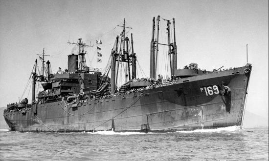 Starboard bow view of the USS Golden City (AP-169), probably entering San Francisco Bay ca. 1946