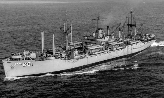 Port bow view of the USS Menard (APA-201) underway, circa 1954, off Point Loma, San Diego, Californi
