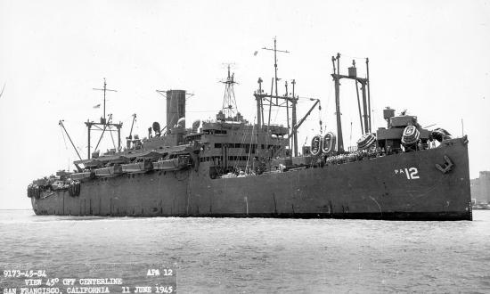 Starboard bow view 45 degrees off centerline of the USS Leonard Wood (APA-12), 11 June 1945, San Francisco, California.