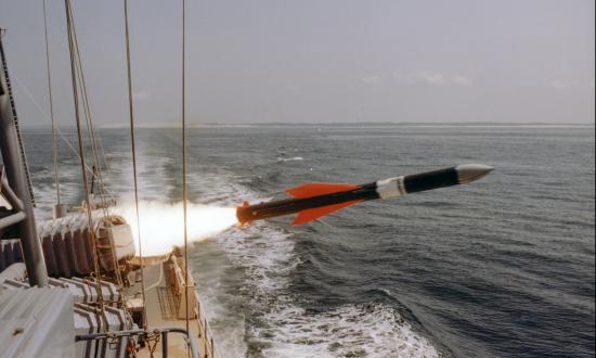 View of the launching of a German Exocet missile from a ship