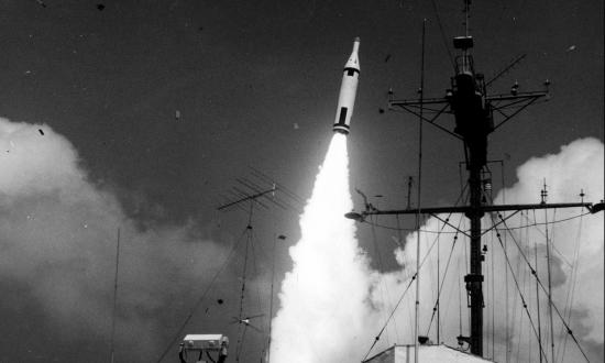 Polaris missile launch as seen from the USS Observation Island