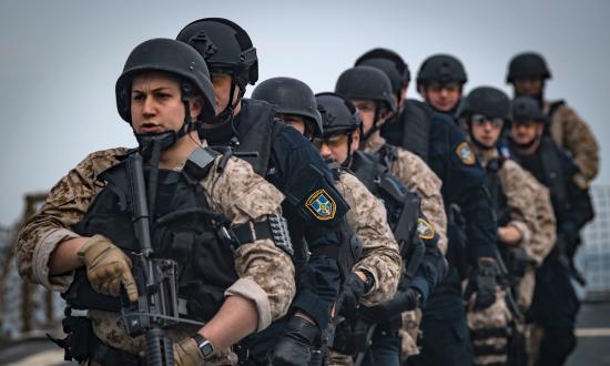 U.S. sailors and Georgian coast guardsmen conduct an integrated visit, board, and search-and-seizure exercise on board the Arleigh Burke-class guided-missile destroyer USS Donald Cook (DDG-75) in the Black Sea in late January 2019