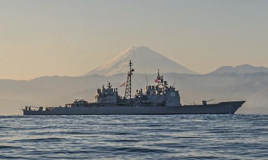 The USS Antietam (CG-54) in the waters off Japan. 