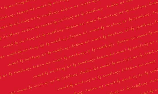 Text on background: "Learn as much by writing as by reading."