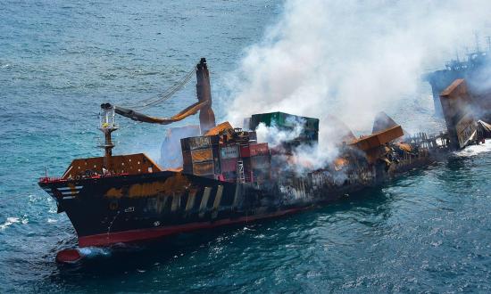 The container ship X-Press Pearl burns near Colombo, Sri Lanka.