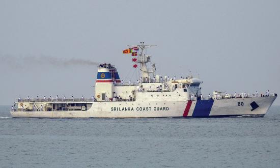 Surface starboard profile view of the Sri Lanka Coast Guard ship Suraksha underway