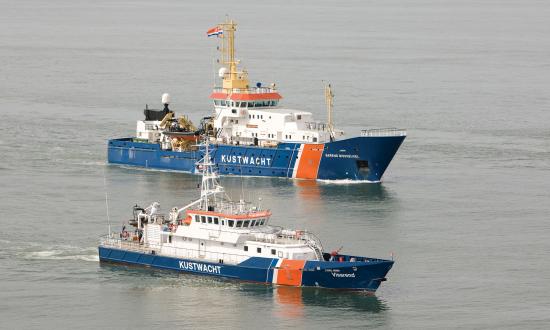 Aerial view of Netherlands Kustwacht ships off the coast of IJmuiden.