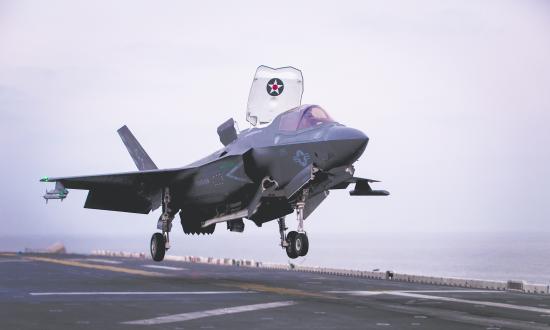  An F-35B Lightning II assigned to Marine Fighter Attack Squadron 211 (VMFA), 13th Marine Expeditionary Unit (MEU), makes final preparations to land aboard the Wasp-class amphibious assault ship USS Essex (LHD 2), Jan. 9, 2019