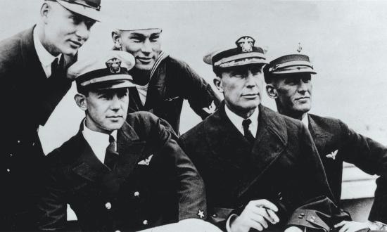 Group portrait of the flight crew that attempted the first non-stop flight to Hawaii in PN-9 No. 1. First Class Aviation Machinist's Mate W.H. Bowlin; Lieutenant B.J. Connell; Commander John Rodgers; Naval Aviation Pilot S.R. Pope; and Chief Radioman O.G. Stantz. (Date just says “1925).  Credit: Official Navy Photo