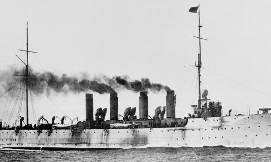 Starboard bow view of USS Chester (CL-1) underway at sea.