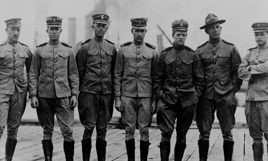 A group portrait of commissioned officers of the Aviation Corps U.S.N. taken at Naval Aeronautic Station Pensacola, Fla. on March 1914.