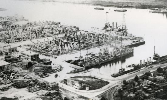 The Reserve Basin, Philadelphia Navy Yard, filled in 1920 with World War I destroyers and several troopships, barely visible at the extreme left.