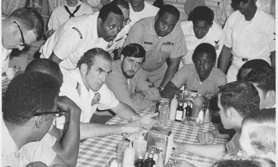 Then-Chief of Naval Operations Admiral Elmo Zumwalt speaks with the Human Relations Council at Fleet Activities Yokosuka in July 1971, six months after releasing his Z-Gram on implementation of equal opportunity in the Navy. 