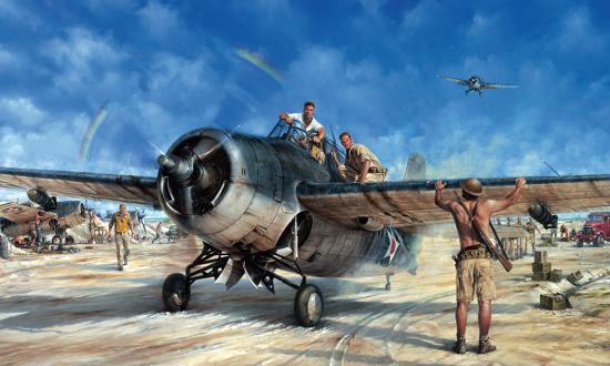 After the initial Japanese attack on Wake Island, one of just four remaining F4F Wildcats of Marine Fighting Squadron 211 prepares for battle in John Shaw’s “The Magnificent Fight: The Battle for Wake Island.” The battle highlights the need to account for attrition among aviation support units when establishing FARPs in the weapons engagement zone. 