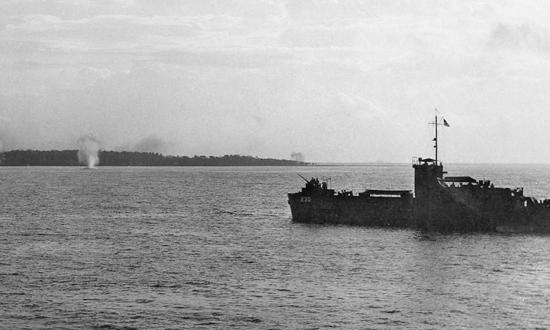 The USS LCI(R)-230 getting into position to launch rockets at Palawan Island, Philippines, February 1945.