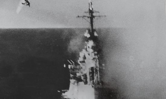 Is it an Aichi D3A “Val” or a Mitsubishi Ki-51 “Sonia” closing in for a kamikaze strike on the USS Columbia (CL-56) in early 1945? Amid the chaos of such an attack, U.S. observers easily mistook Sonias for the more familiar Vals, which is what happened on 27 March 1945.