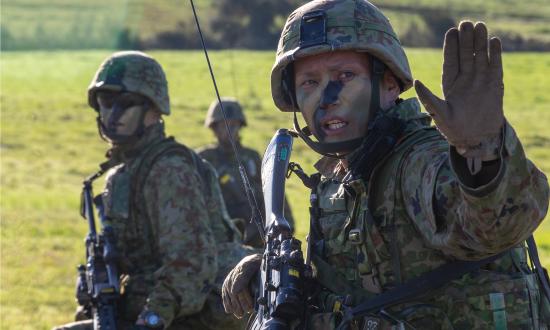 Soldiers from the 1st Amphibious Rapid Deployment Brigade, Japan Ground Self-Defense Force, work with U.S. Marines during Exercise Iron Fist at Marine Corps Base Camp Pendleton, California, in early 2019.