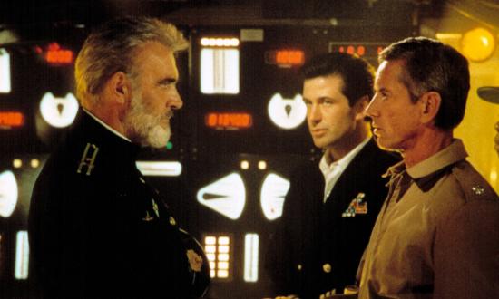 Sean Connery as Marko Ramius, Alec Baldwin as Jack Ryan, and Scott Glenn as Commander Bart Mancuso man the set for The Hunt for Red October.