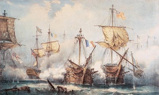 An episode of the naval battle at Trafalgar: the ship Redoutable (French) against the vessels Victory (British), Téméraire (British) and Thunderer (British). Spain, Cape Trafalgar, 21 October 1805