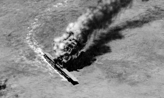 Diorama of the USS Yorktown losing speed and listing by Bel Geddes