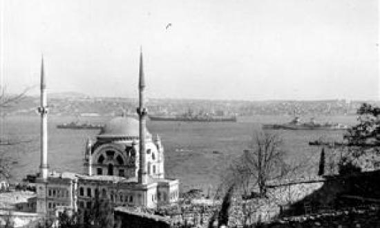 The USS Missouri (BB-63), center, brings the body of the late Turkish Ambassador to the United States back to Turkey for burial in April 1946.