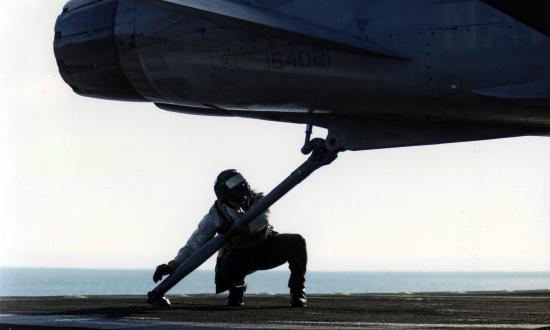 Closeup of a tailhook on an F/A-18C Hornet