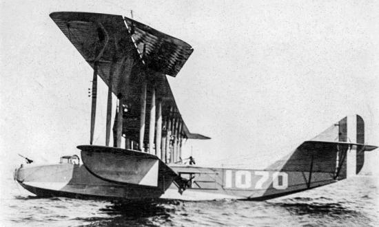 Surface left side profile view of a Navy H-16 flying boat