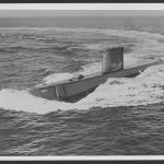 Port bow view of the USS Nautilus (SSN-571) underway while performing sea trials in the Atlantic.