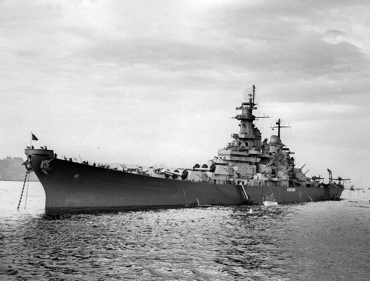 USS Missouri (BB--63) at anchor in 1945